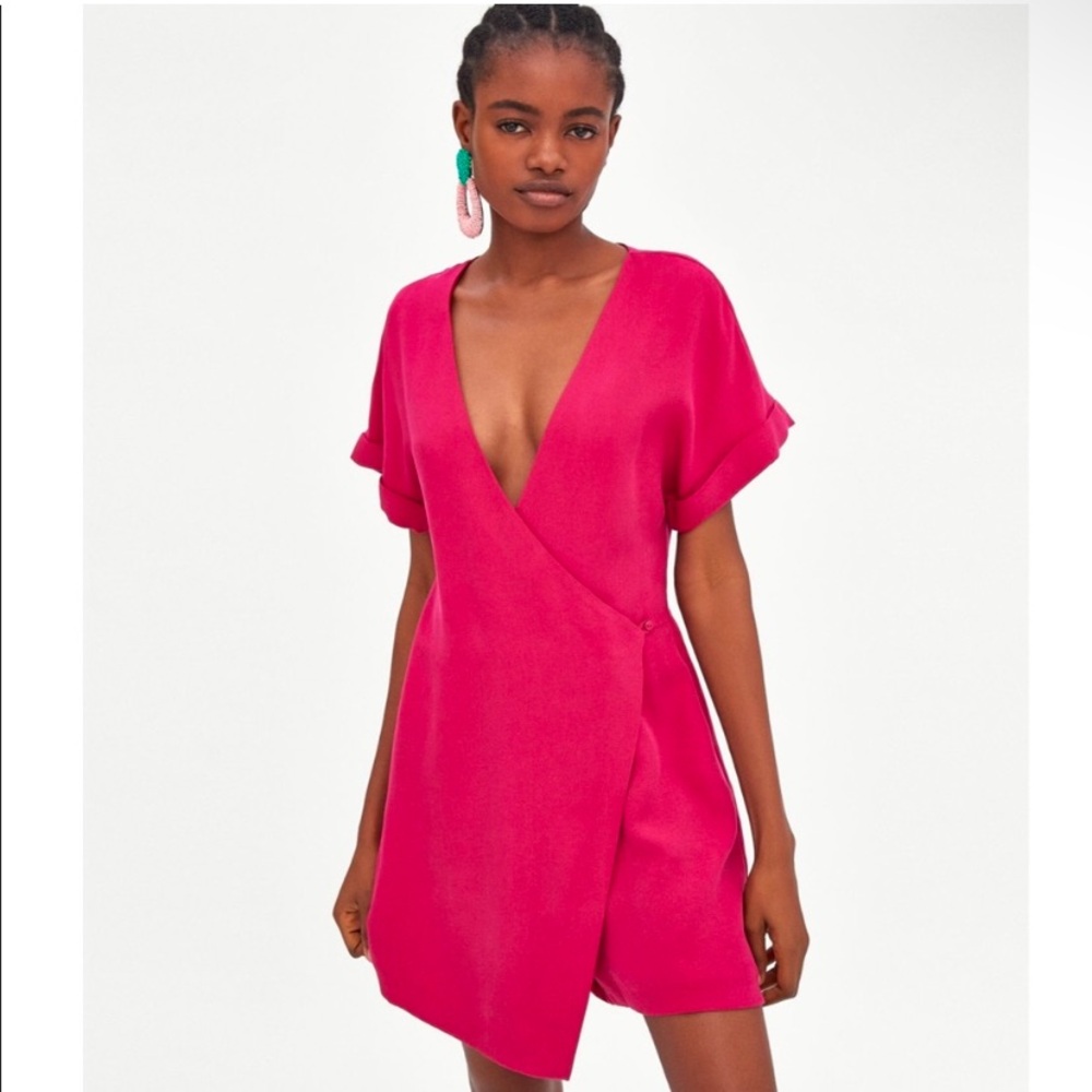 Zara Vibrant Pink Wrap Romper  with Flutter Sleeves